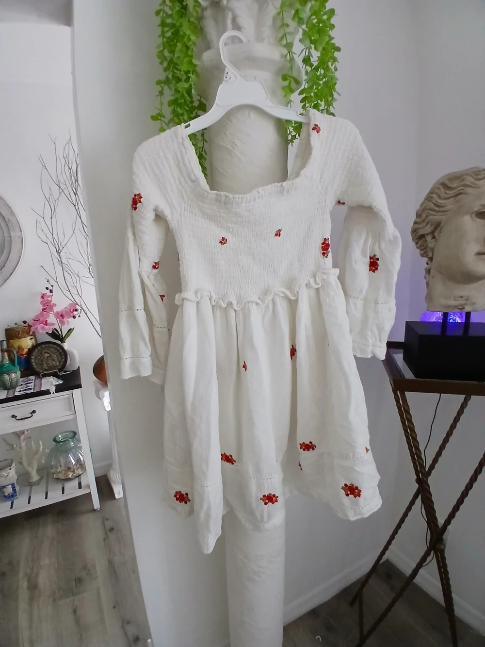 Free People White Smocked Mini Dress with Rust Floral Accents